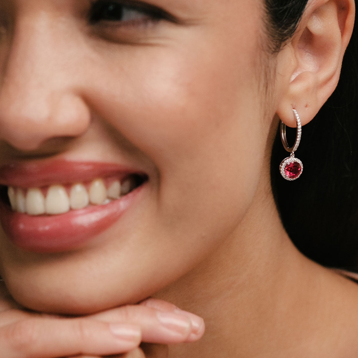 Astra 7.10ct Lab Ruby and Diamond Drop Halo Round Cut Earrings in Silver